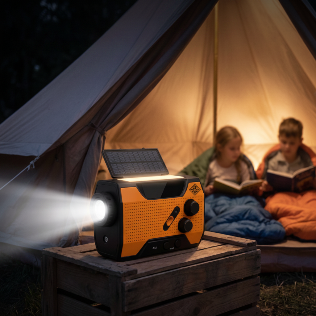 4-i-1 nödradio för väder med powerbank, ficklampa och SOS-larm
