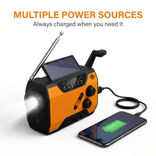 4-i-1 nödradio för väder med powerbank, ficklampa och SOS-larm