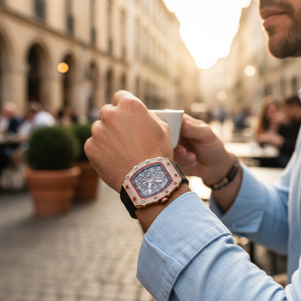 Elegant Tonneau Men's Watch with Rhinestone Decoration Made of Stainless Steel