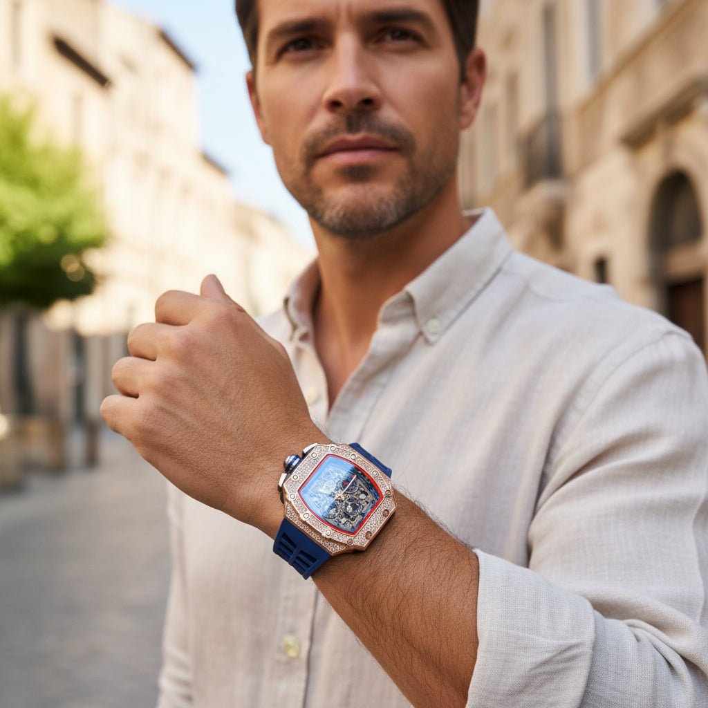 Elegante Herren Uhr Tonneau mit Strassverzierung – Hochwertige Armbanduhr für jeden Anlass 6