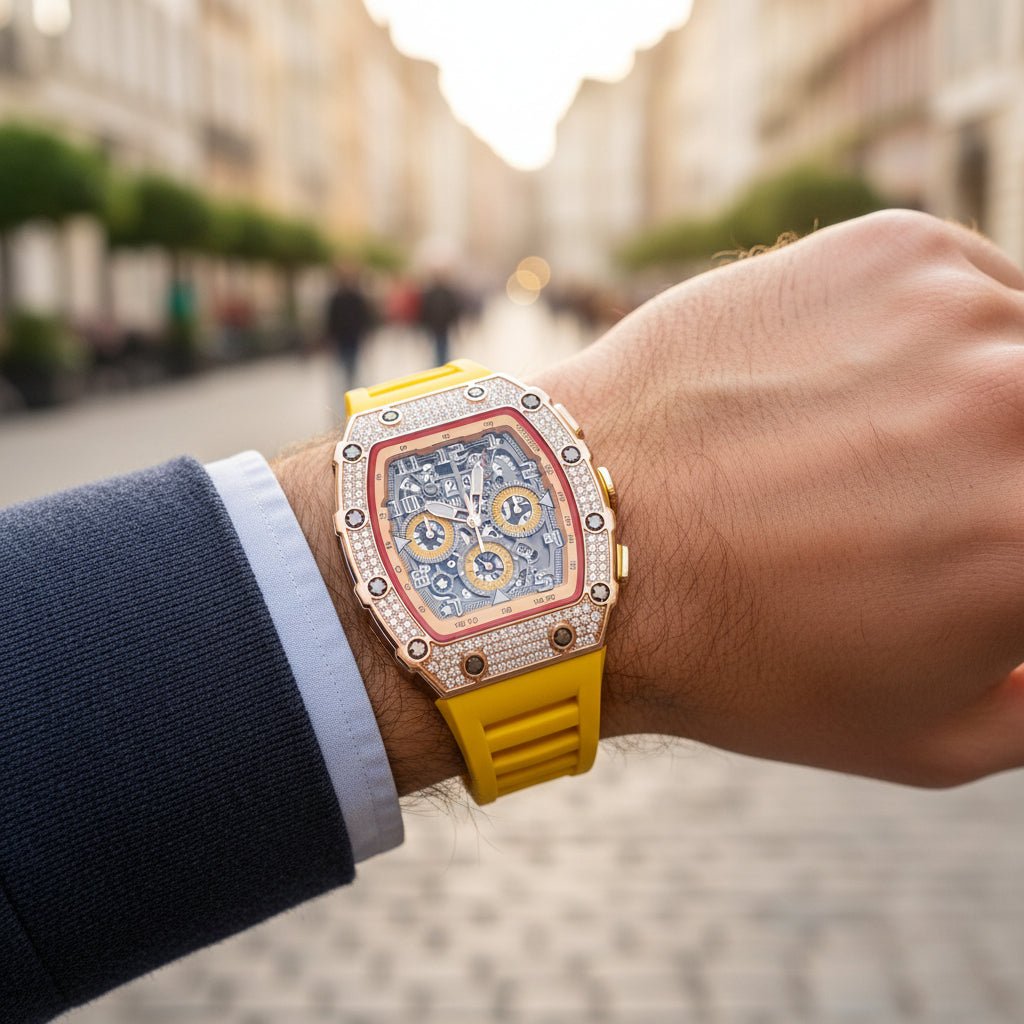 Elegant Tonneau Men's Watch with Rhinestone Decoration Made of Stainless Steel