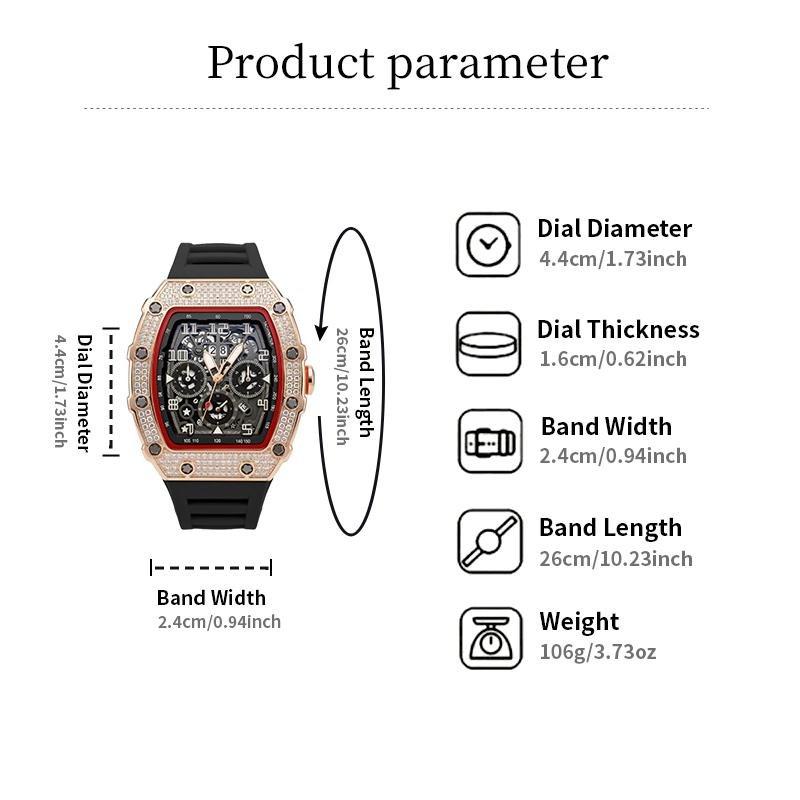 Elegant Tonneau Men's Watch with Rhinestone Decoration Made of Stainless Steel