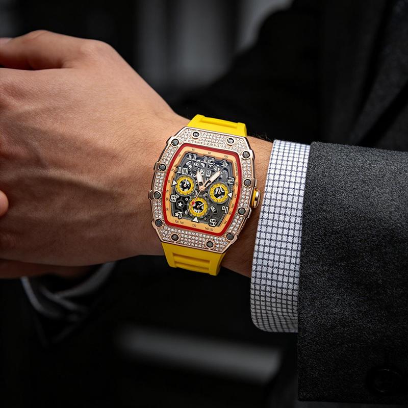 Elegant Tonneau Men's Watch with Rhinestone Decoration Made of Stainless Steel