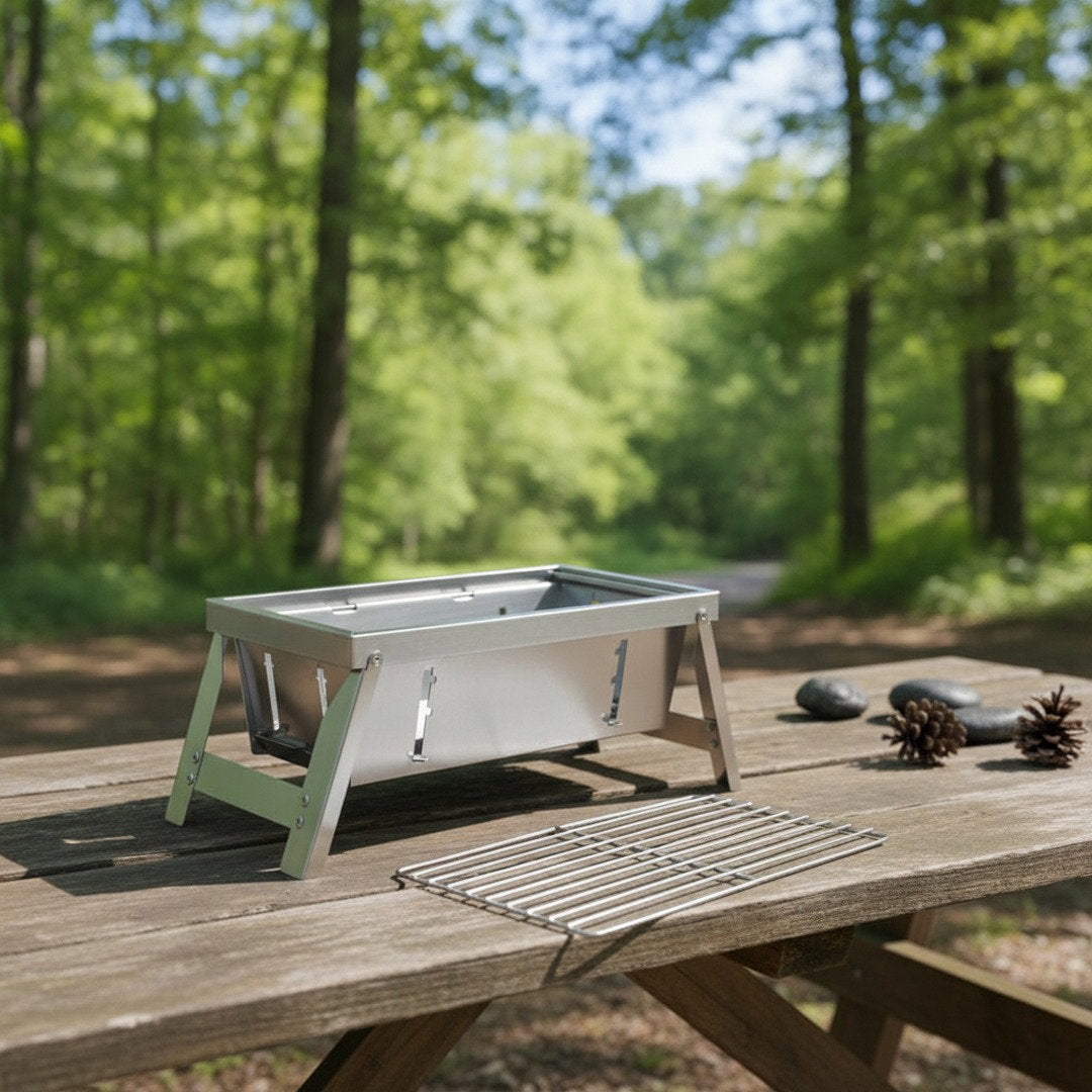 Sammenklappelig grill i rustfrit stål til camping med justerbar højde