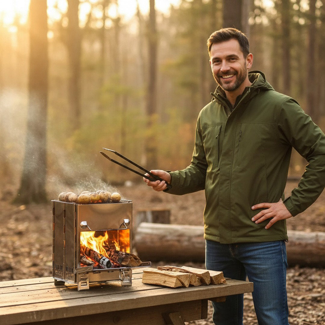 Klappbarer Campingkocher aus Edelstahl mit Tragetasche zum Grillen und Kochen
