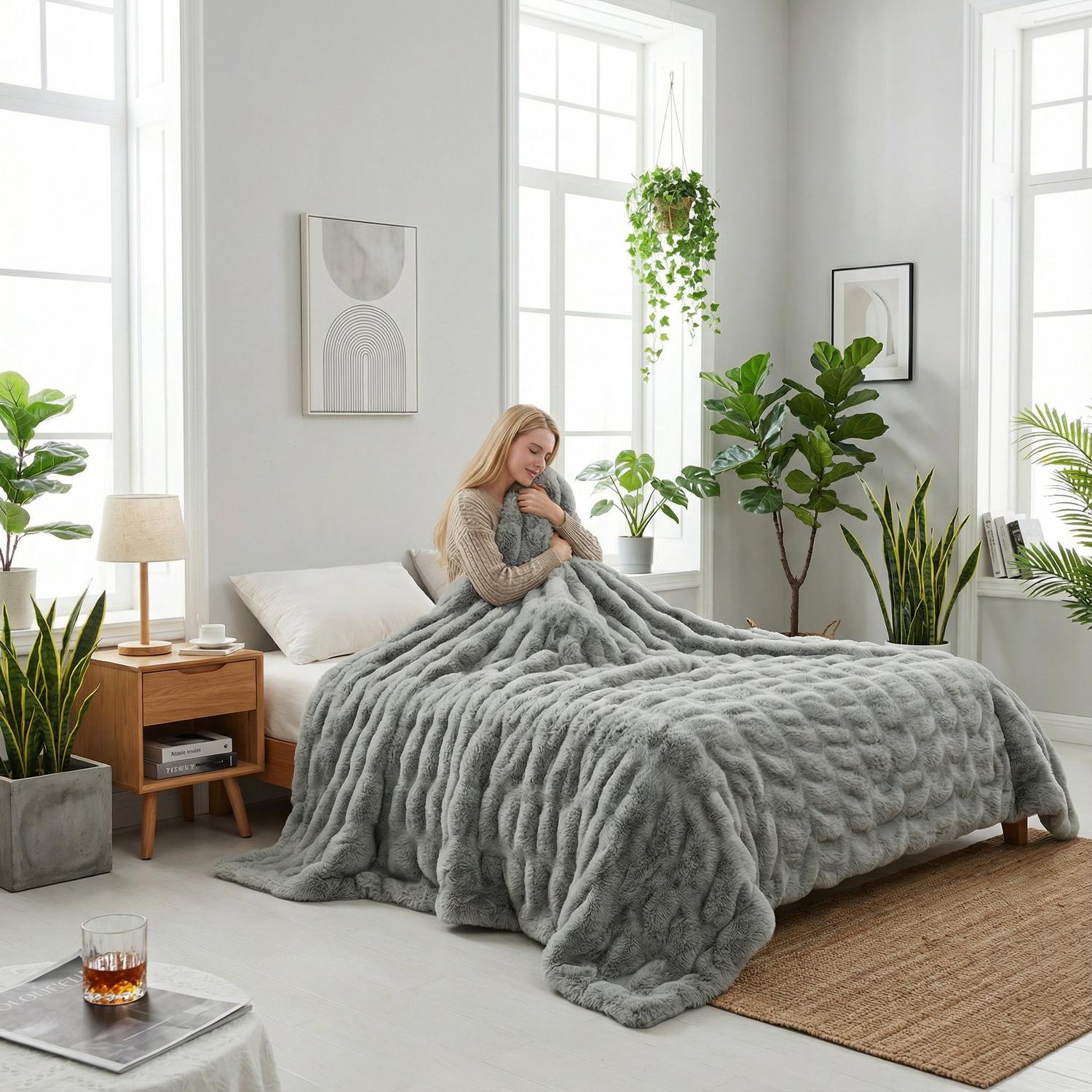 Hyggeligt kunstigt kaninpelsfleece-tæppe til daglig komfort