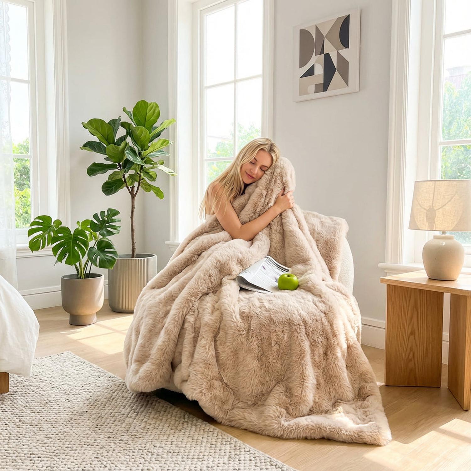 Hyggeligt kunstigt kaninpelsfleece-tæppe til daglig komfort