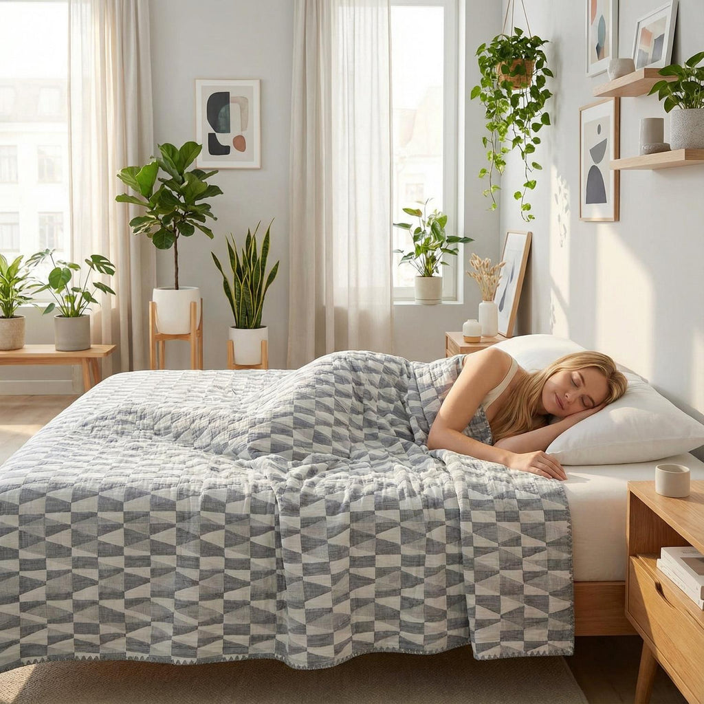 Blomstret Stribet Bomuldsgaze Tæppe Dekorativt Kastetæppe