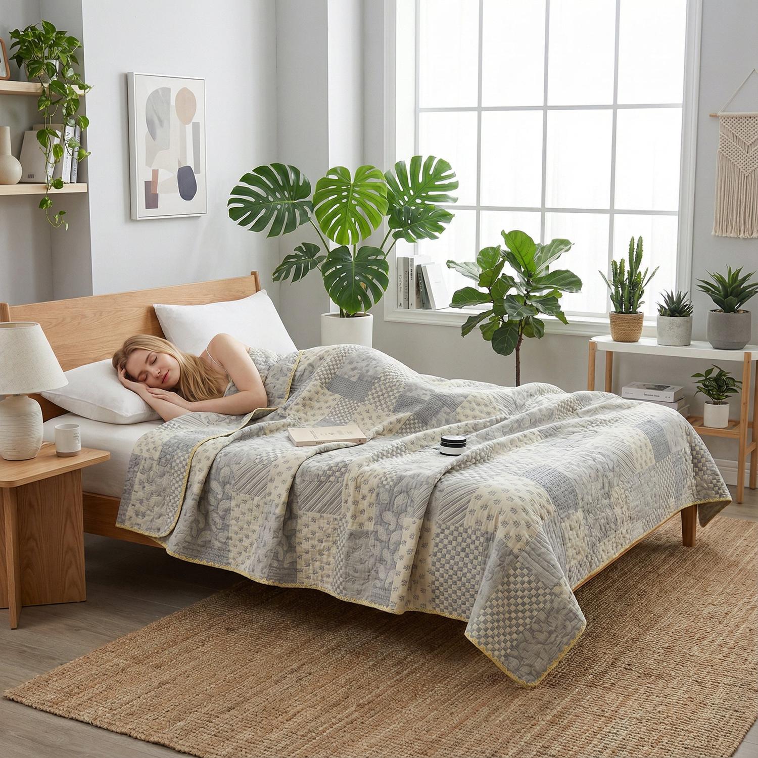 Blomstret Stribet Bomuldsgaze Tæppe Dekorativt Kastetæppe