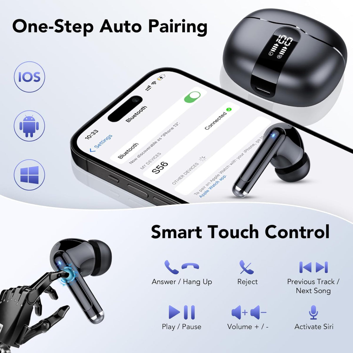 VeroPulse Fon Telinga IPX7 Bluetooth Pembatalan Bunyi, Hayat Bateri 52 Jam