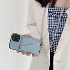 Custodia portafoglio Celeste per iPhone con scomparti per carte, ideale per professionisti impegnati