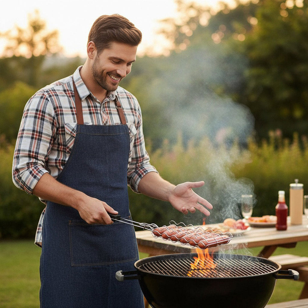 Griglia per Salsicce con Manico in Legno Resistenti al Calore, Design Durevole per una Grigliatura Perfetta