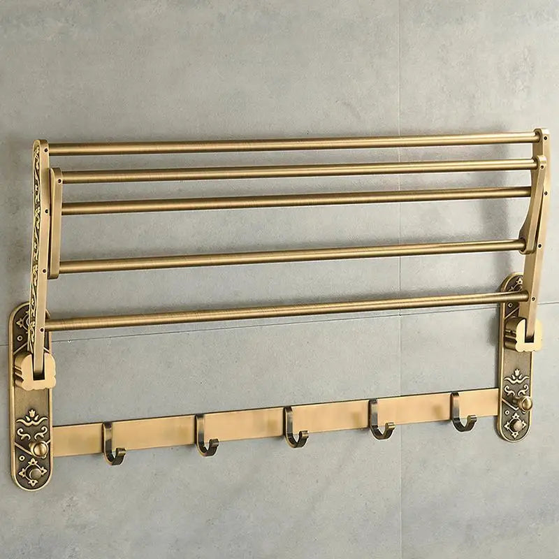 Aluminum Foldable Towel Rack With Hooks And Double Shelf