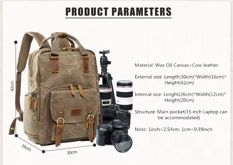 NovaVoyage Camera Backpack With Waxed Canvas For Travel And Photo Gear