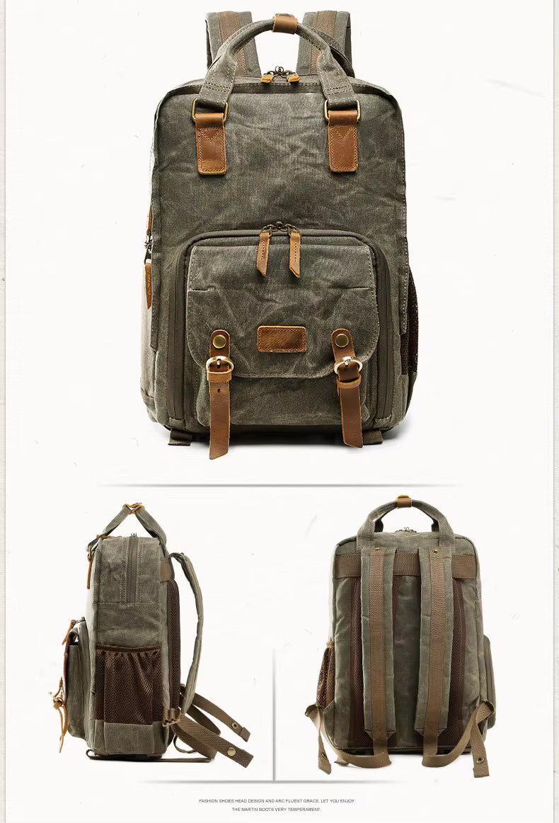 NovaVoyage Camera Backpack With Waxed Canvas For Travel And Photo Gear