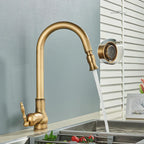 Norelle Antique Brass Swivel Kitchen Faucet With Black