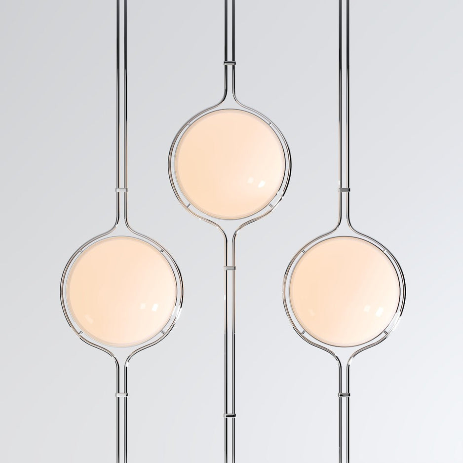 Lámpara de suelo a techo LumaCrest con semiesferas en beige y estructura metálica
