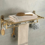 Aluminum Foldable Towel Rack With Hooks And Double Shelf