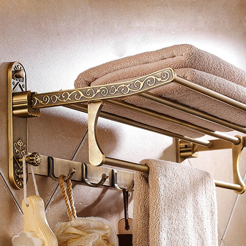 Aluminum Foldable Towel Rack With Hooks And Double Shelf