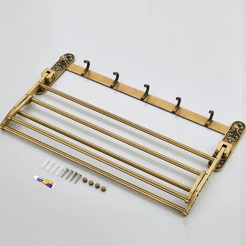 Aluminum Foldable Towel Rack With Hooks And Double Shelf