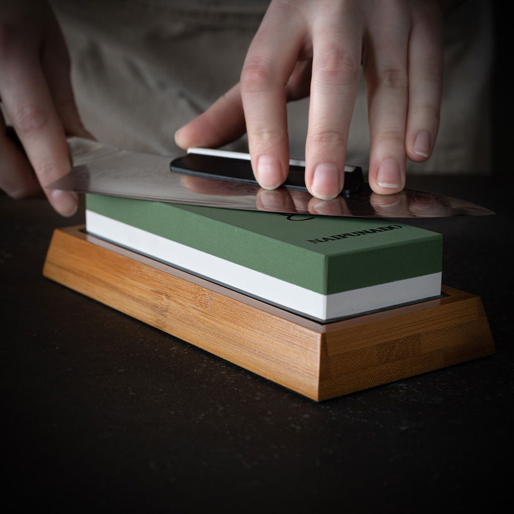 Pedra de Afiar de Cozinha Dupla Face 1000/6000 Grão Base de Bambu