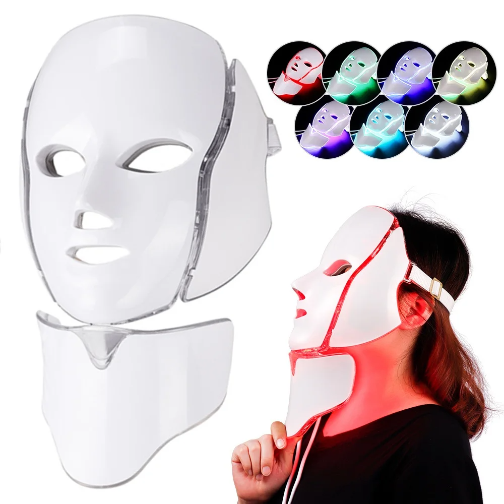Seven Color Red LED Light Therapy Mask For Face And Neck With Spa Glow