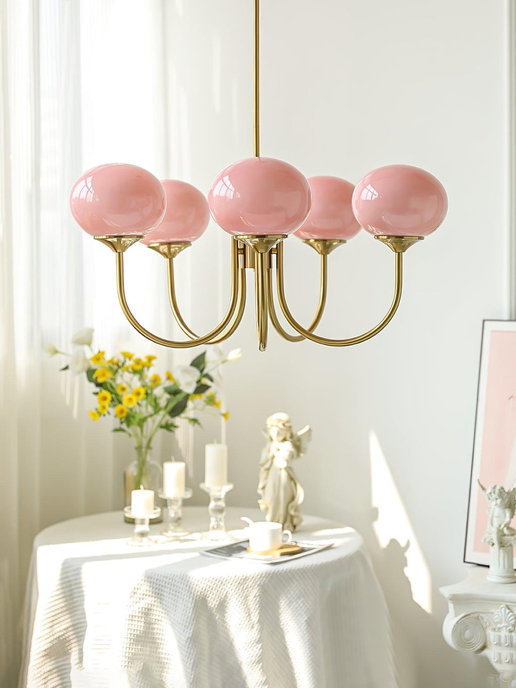 SolaraLuxe Gold Finish Chandelier With Pink Glass Shades
