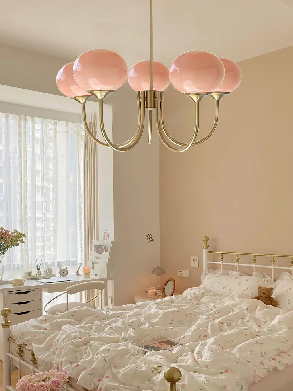 Alora Marshmallow Chandelier With Pink Glass Shades