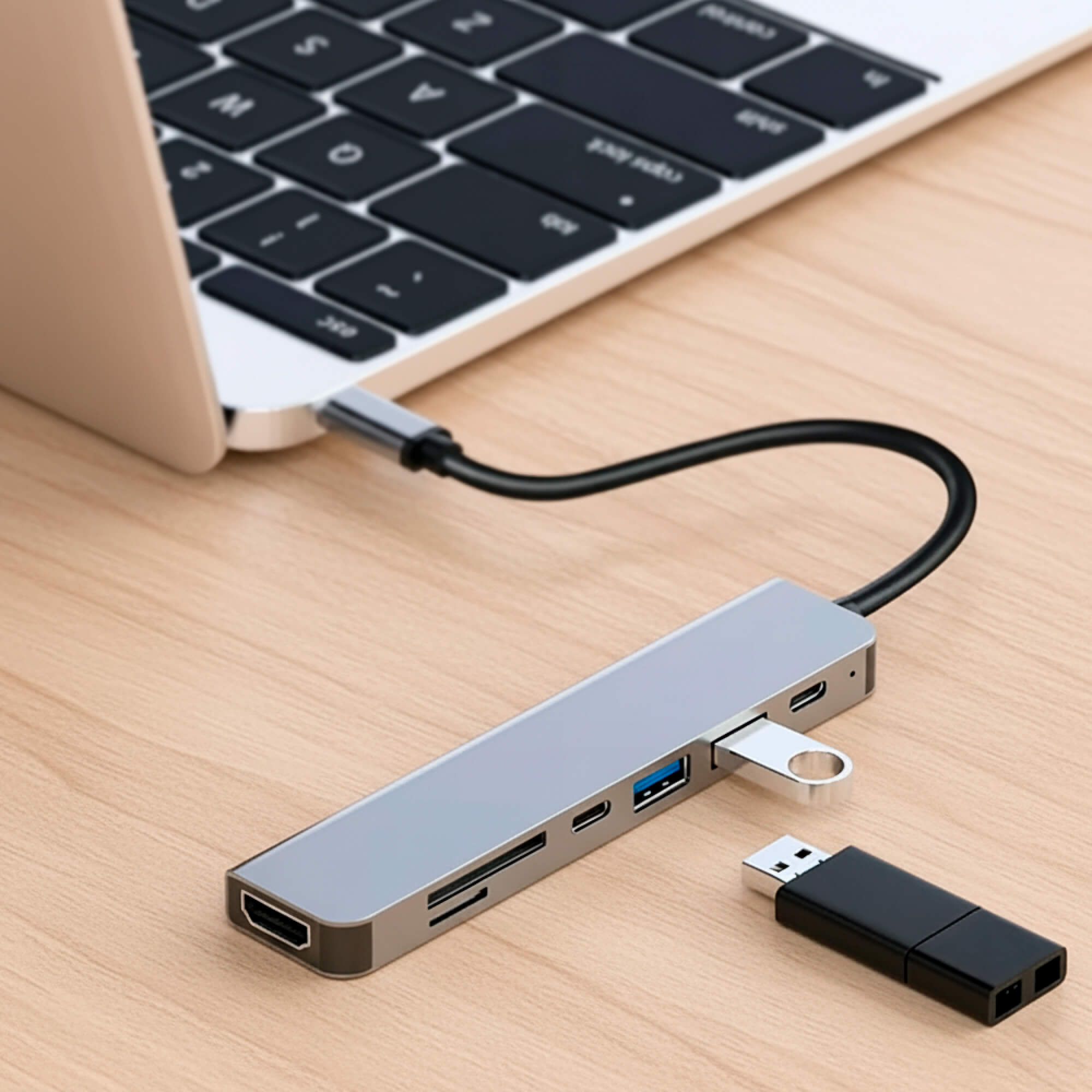 Quorix Hab USB-C 7-dalam-1 untuk MacBook dengan HDMI, Slot Kad SD, Port USB