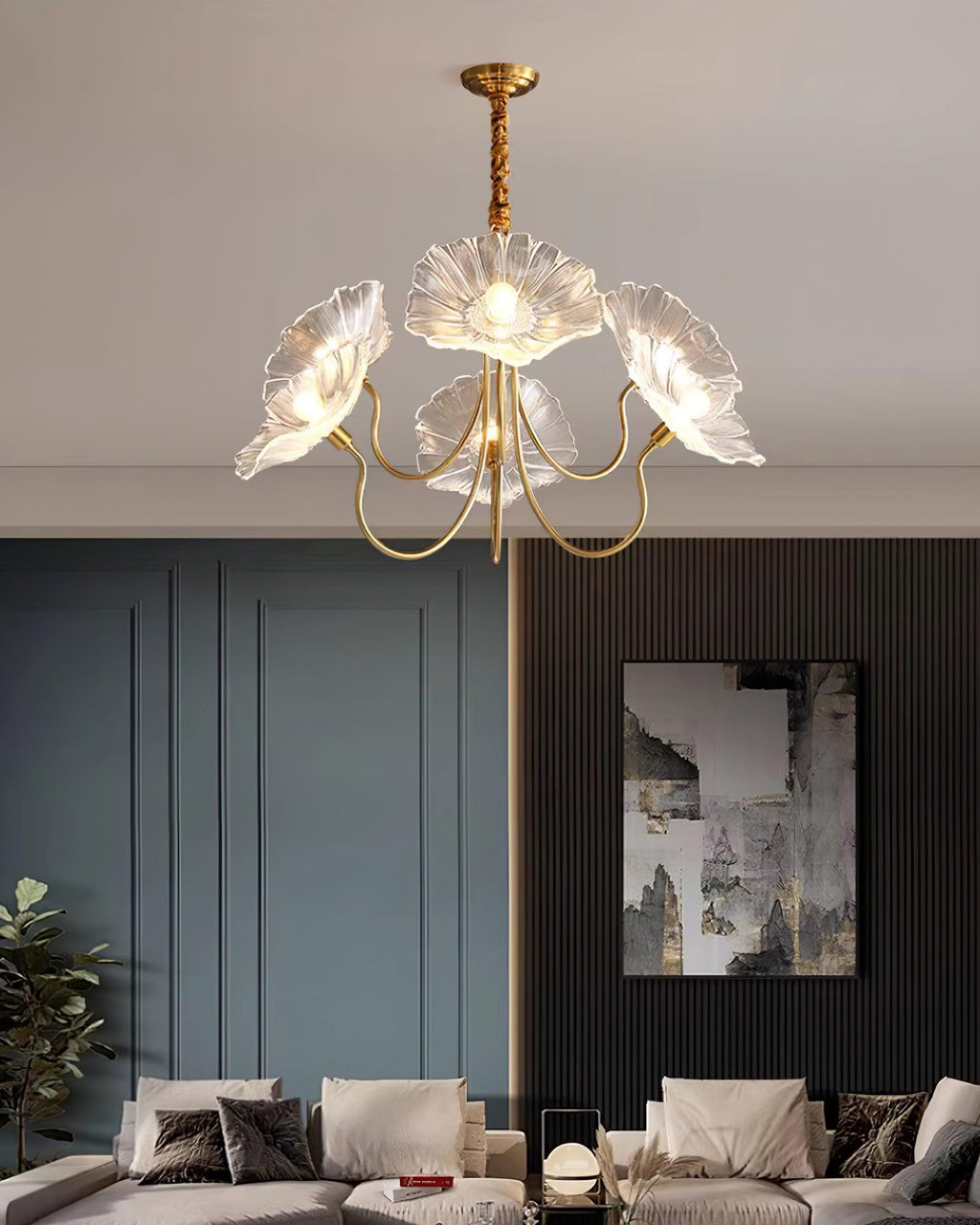 Lampadario a fiore di vetro Lyria con luce a foglia opaca