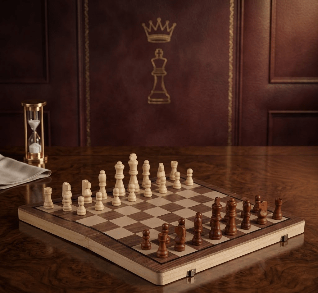 Tabuleiro de Torneio Incluído numa Coleção de Xadrez em Madeira com Peças Clássicas