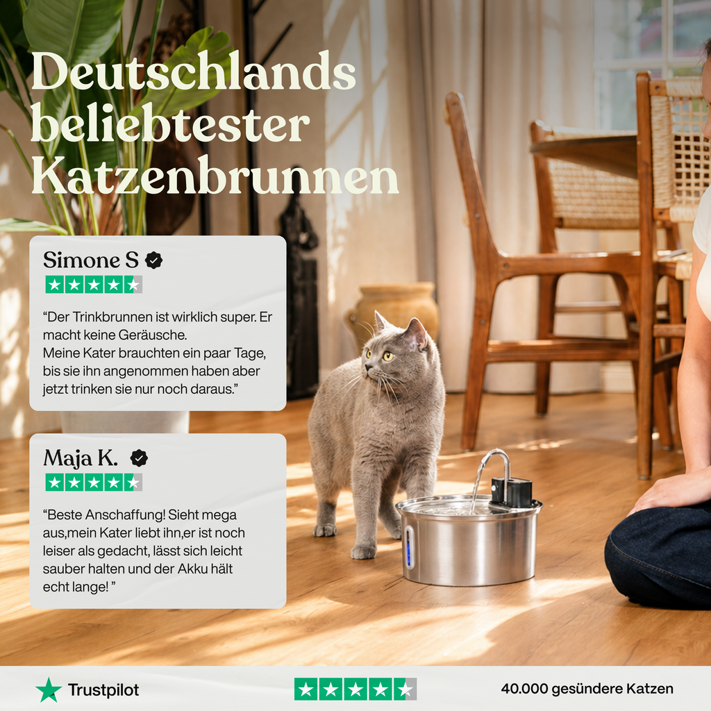 Kattefontæne i rustfrit stål – Trådløs bevægelsessensor for altid frisk vand