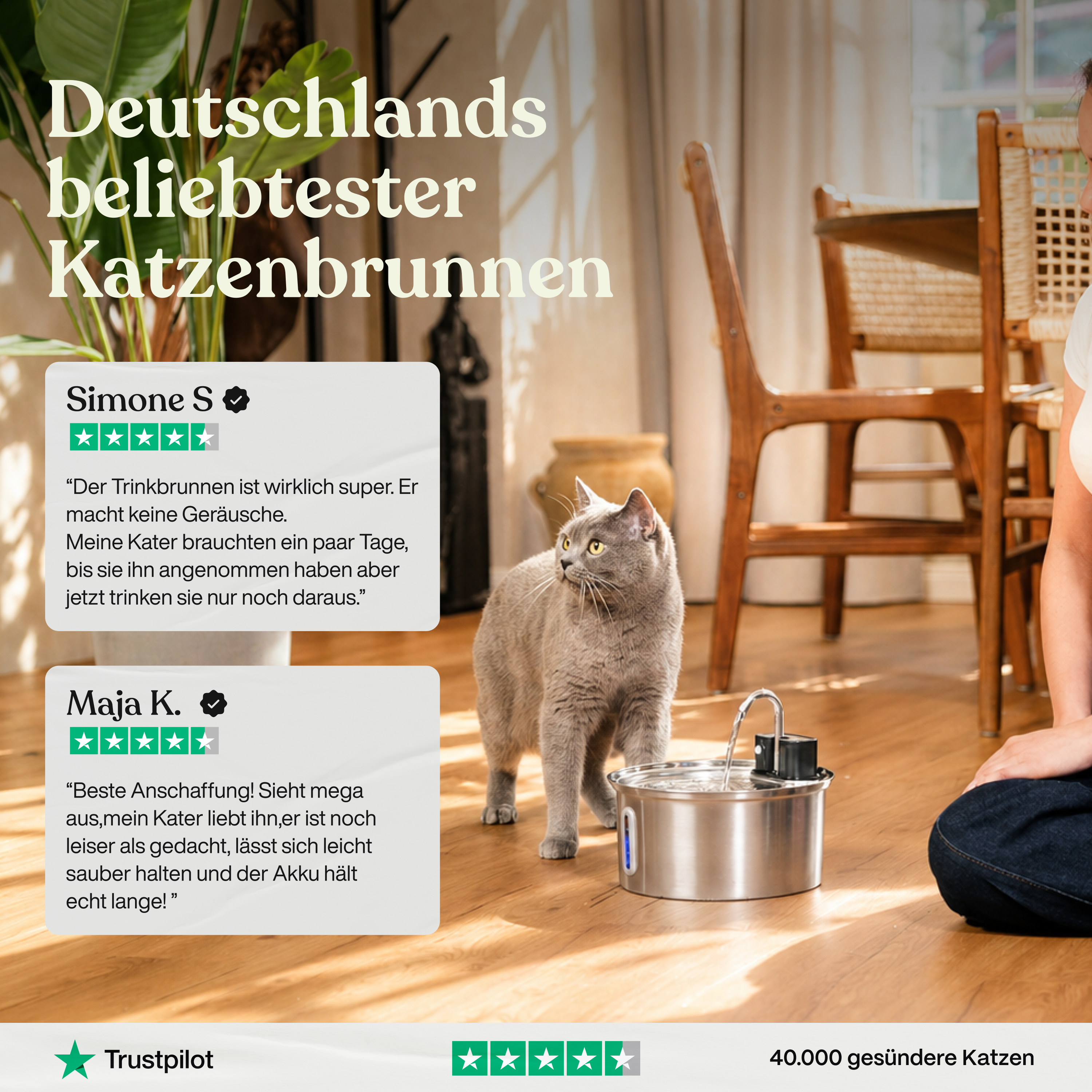 Kattefontæne i rustfrit stål – Trådløs bevægelsessensor for altid frisk vand