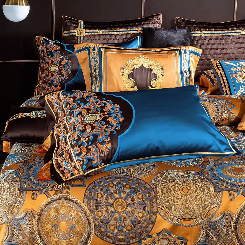 刺繍入り房飾り付きジャカード織りサテン寝具セット