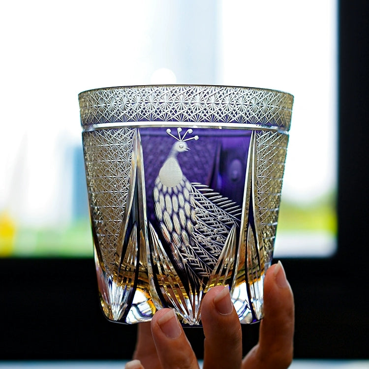 Bicchiere da whisky Miyori artigianale Violet Peacock con scatola di legno | Petprovac