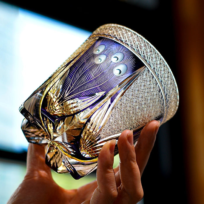 Bicchiere da whisky Miyori artigianale Violet Peacock con scatola di legno | Petprovac