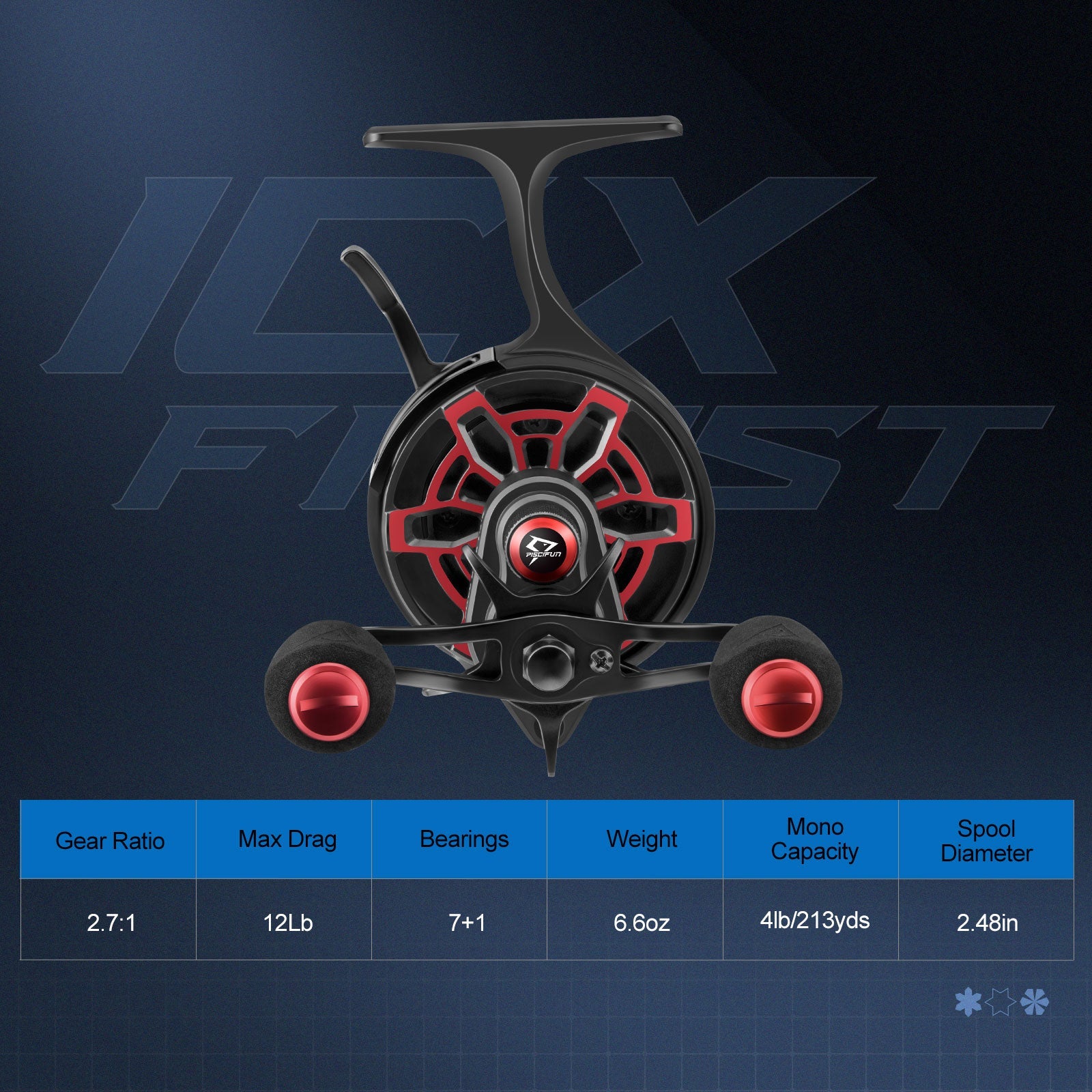 بكرة صيد الجليد Piscifun ICX Frost Carbon، نظام إسقاط مغناطيسي، قطر بكرة كبير