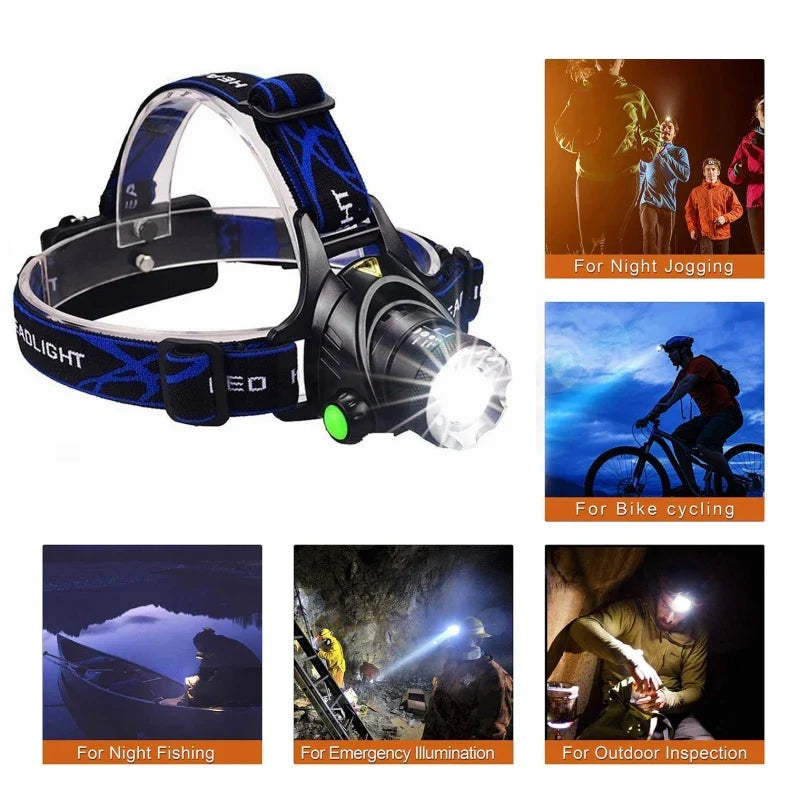 Lampe frontale LED de randonnée avec zoom, batterie rechargeable, étanche, pour randonneurs