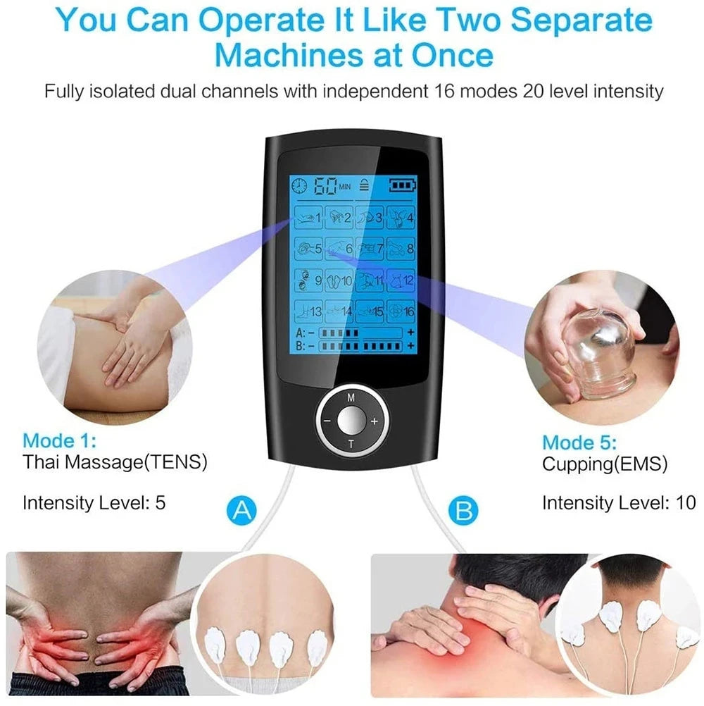 Stimulateur musculaire TENS EMS avec 16 modes et 10 niveaux d'intensité pour la relaxation