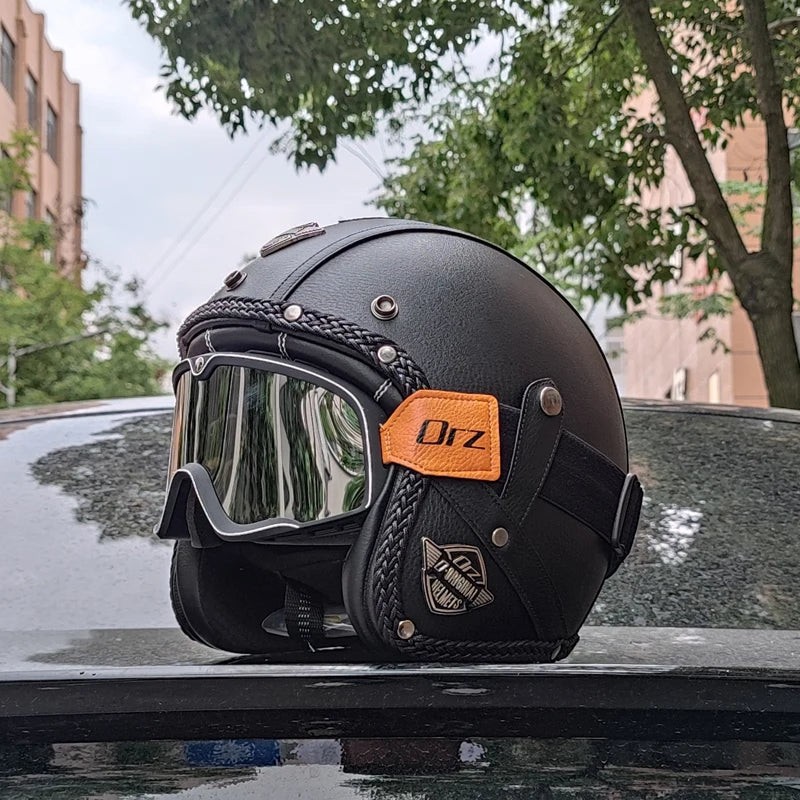 Retro 3/4 Öppen Motorcykelhjälm – PU-läder & DOT-certifierad