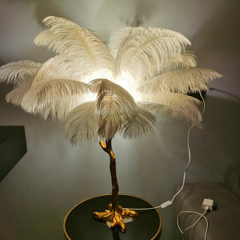 Aurelle Ostrich Feather Floor Lamp in Brass Copper Finish
