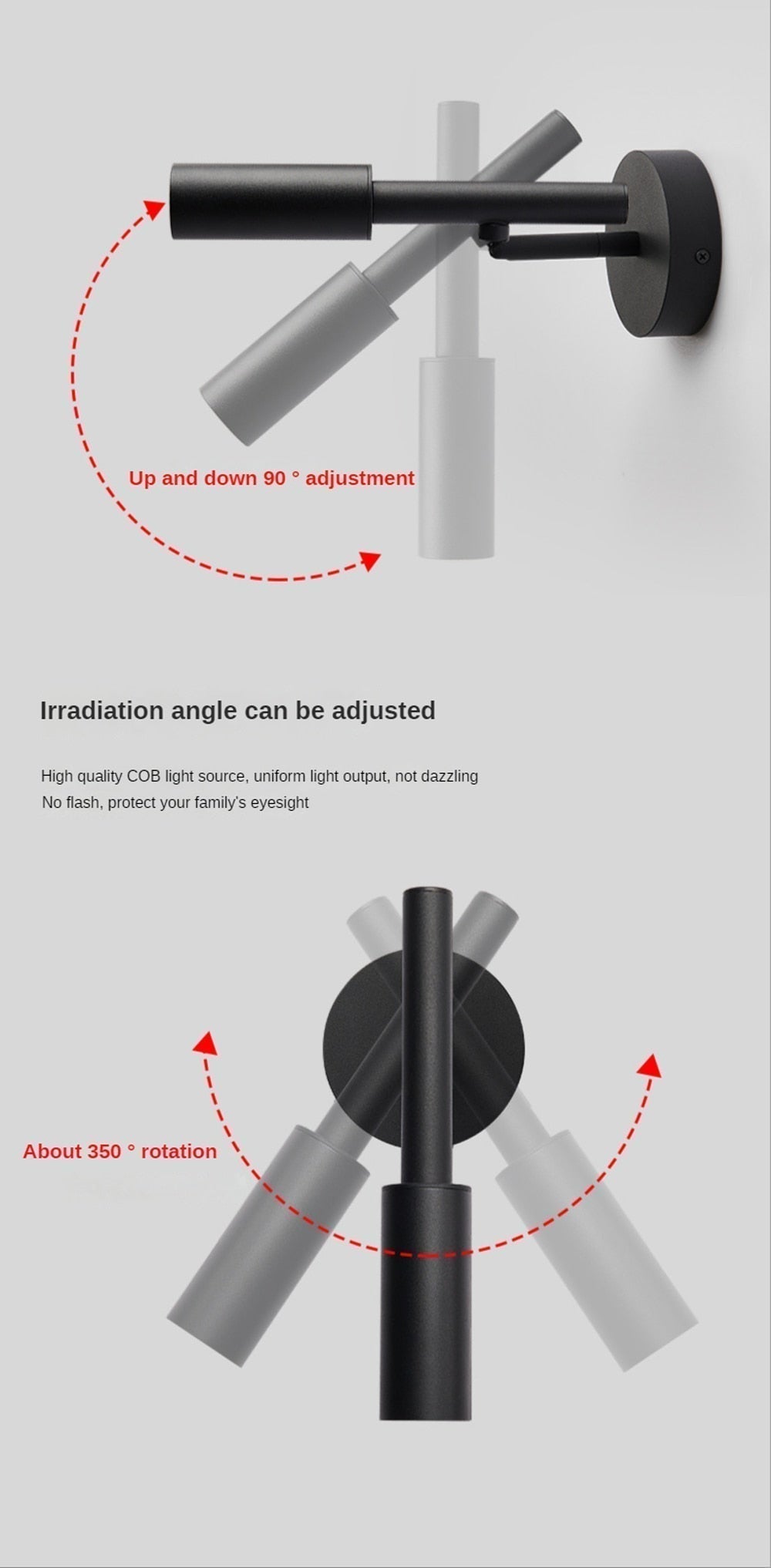 Lámpara de lectura de pared con brazo oscilante AuroraSwing en blanco y negro