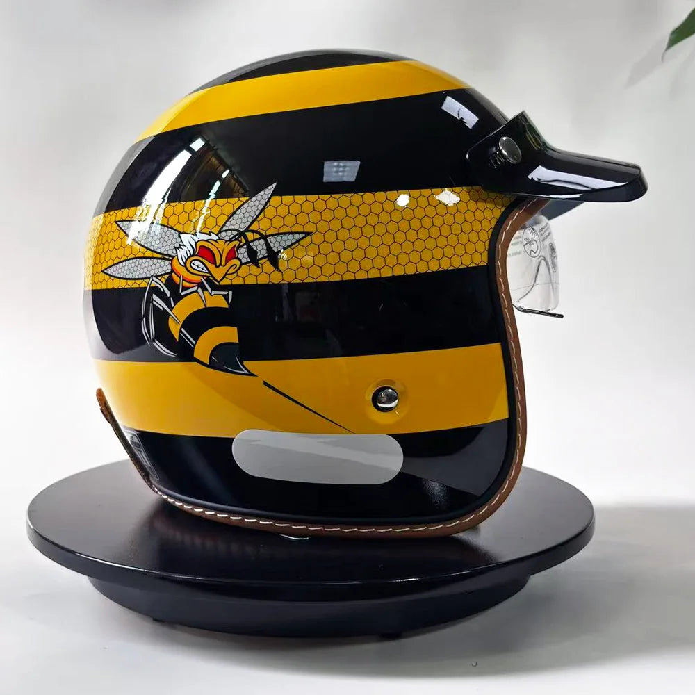 Retro Bee Open-Face Motorcycle Helmet with Built-In Visor