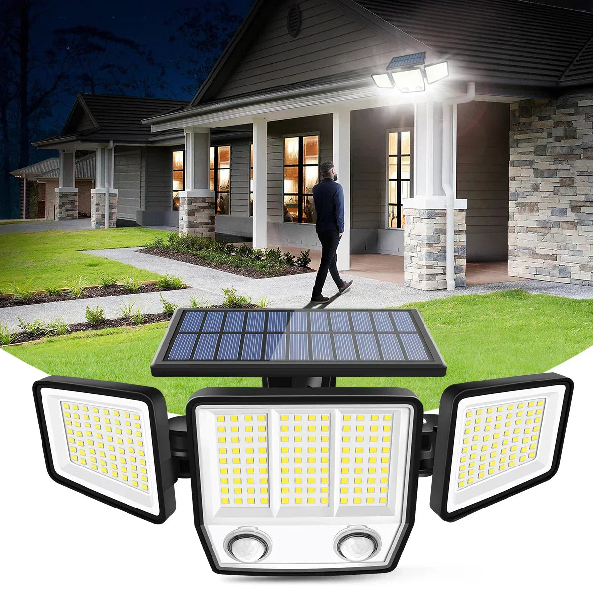 Háromfejes napelemes kültéri érzékelő lámpa 270 fokos mozgásérzékeléssel és 3000 lumen fényerővel