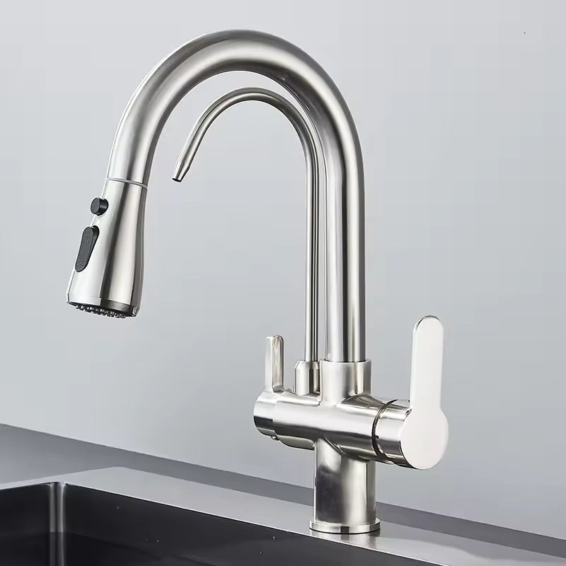 Matte Black Filter Faucet for the Kitchen, Pull-Out Spray, 360° Rotation, Three-Way Water Filter Tap, Sink Mixer