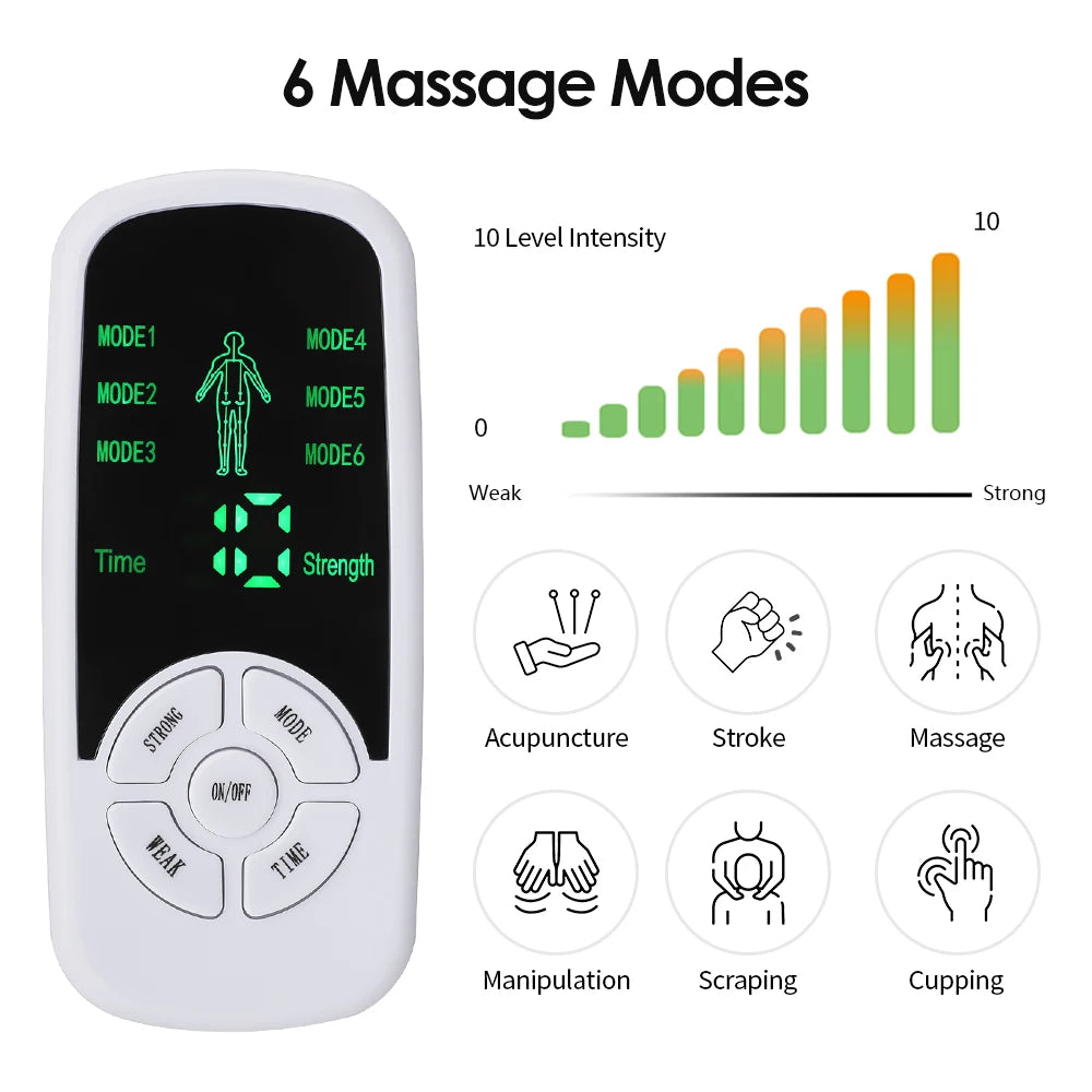 TENS stimulátor hat mód és tíz intenzitásszinttel testmasszázshoz és relaxációhoz
