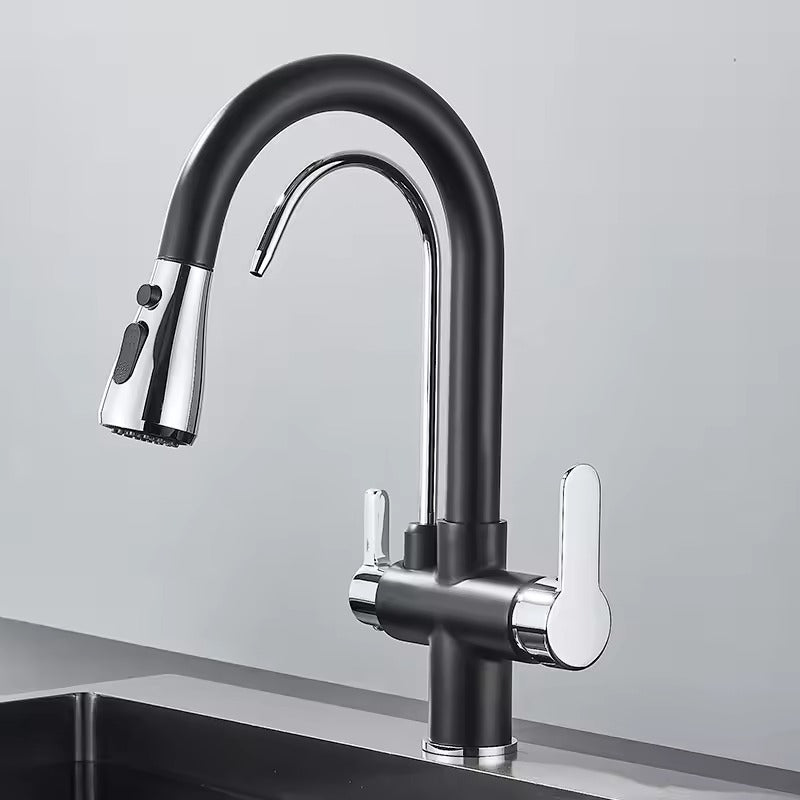 Matte Black Filter Faucet for the Kitchen, Pull-Out Spray, 360° Rotation, Three-Way Water Filter Tap, Sink Mixer