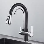 Matte Black Filter Faucet for the Kitchen, Pull-Out Spray, 360° Rotation, Three-Way Water Filter Tap, Sink Mixer