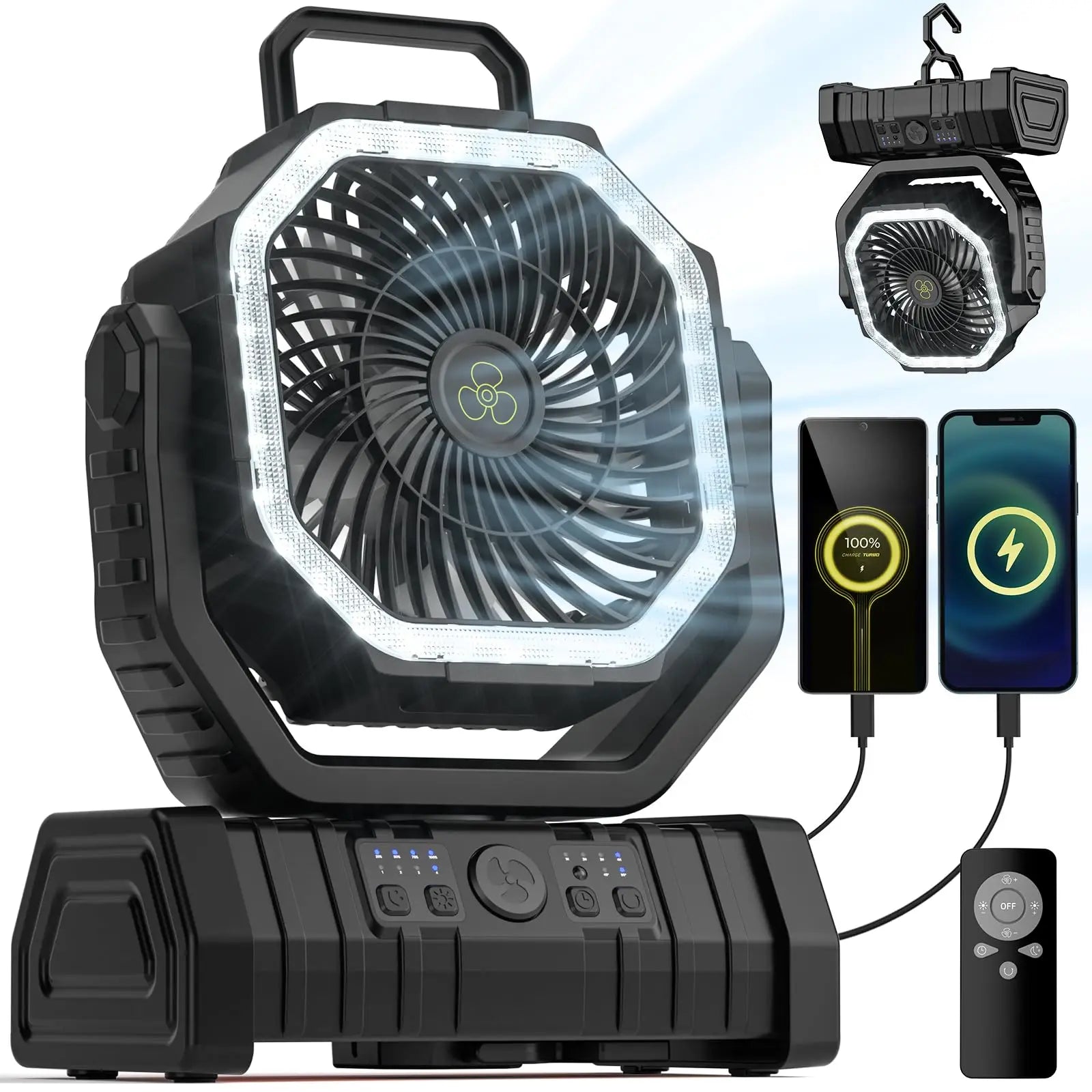 Ventilatore da campeggio portatile ricaricabile con power bank LED da 20000mAh