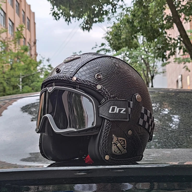 Retro 3/4 Öppen Motorcykelhjälm – PU-läder & DOT-certifierad